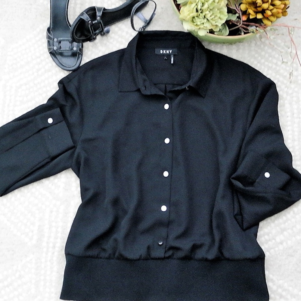 DKNY | Long-Sleeve Sheer Black Blouse - Picture 1 of 8
